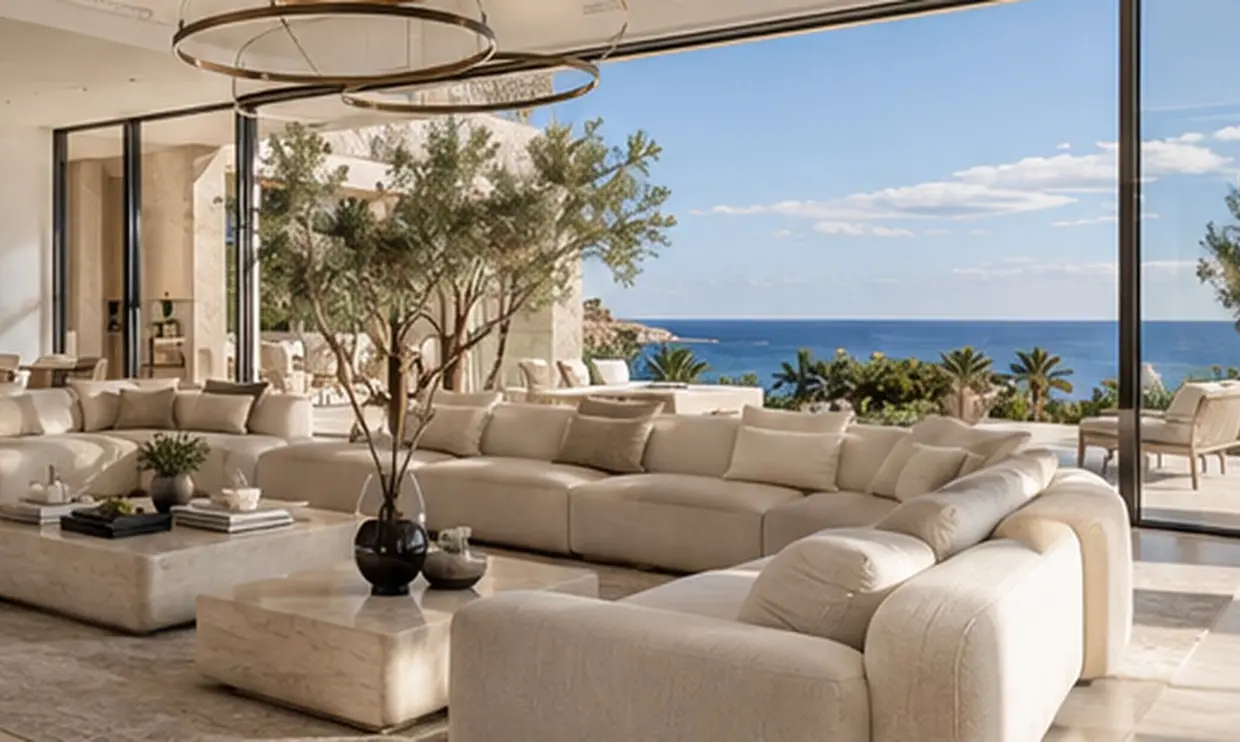 Double-height living room with ivory sofas, travertine tables and glass walls open to a terrace and the sea
