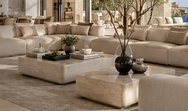 Travertine coffee tables and low ivory sofas in a large living room