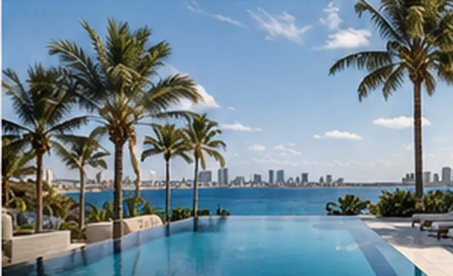 Palms and an infinity pool overlooking the water and a distant skyline