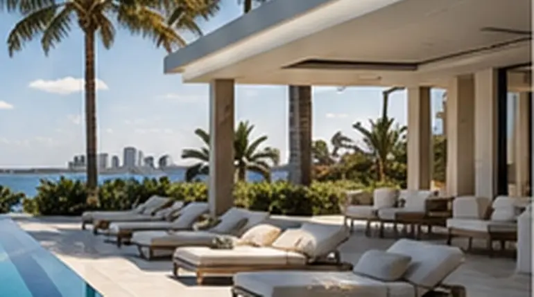 Covered terrace with loungers, palms and a waterfront skyline